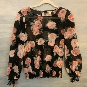Lily White Pink Floral Print Black Sheer‎ Blouse Medium Good Condition